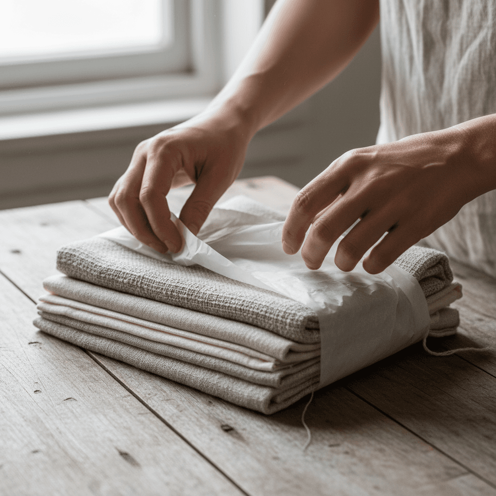 Hands wrapping vintage linen textiles in acid-free paper