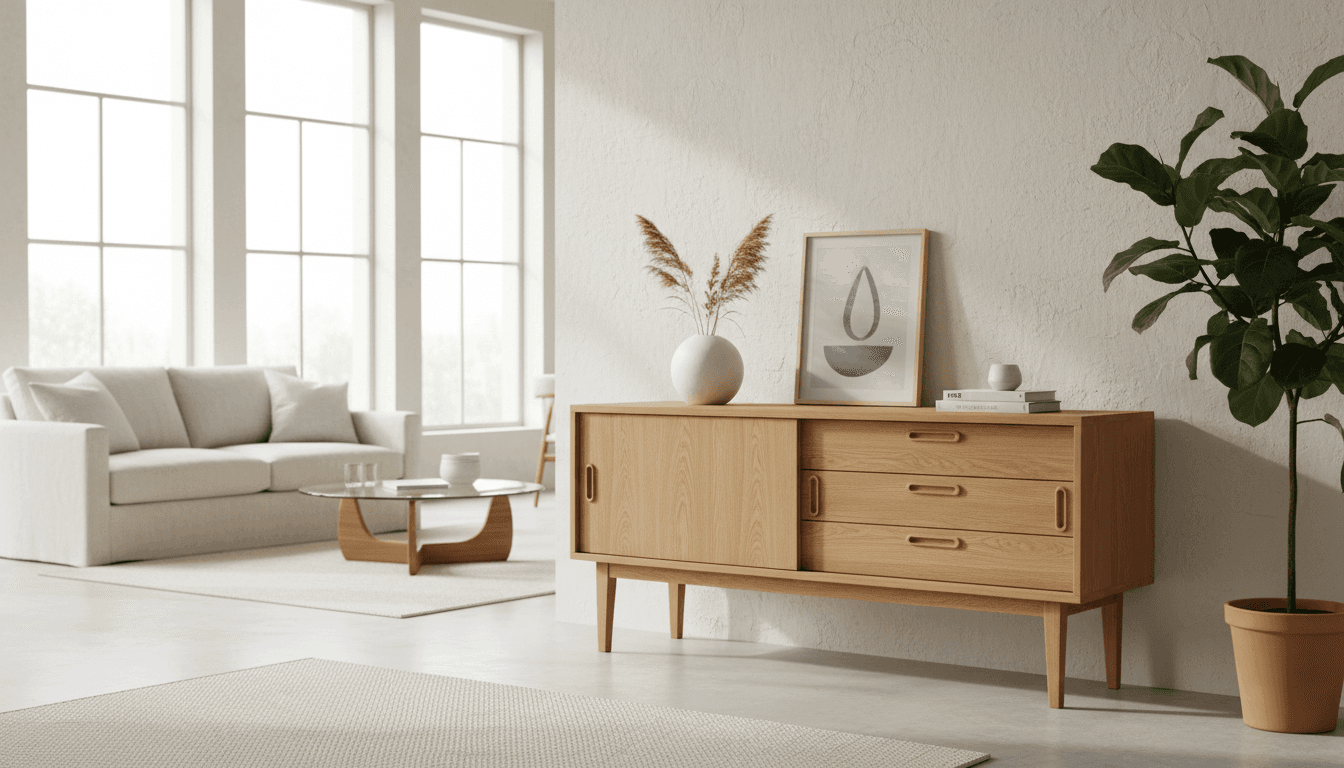 Mid-century Scandinavian sideboard in a bright, minimalist room with natural light.