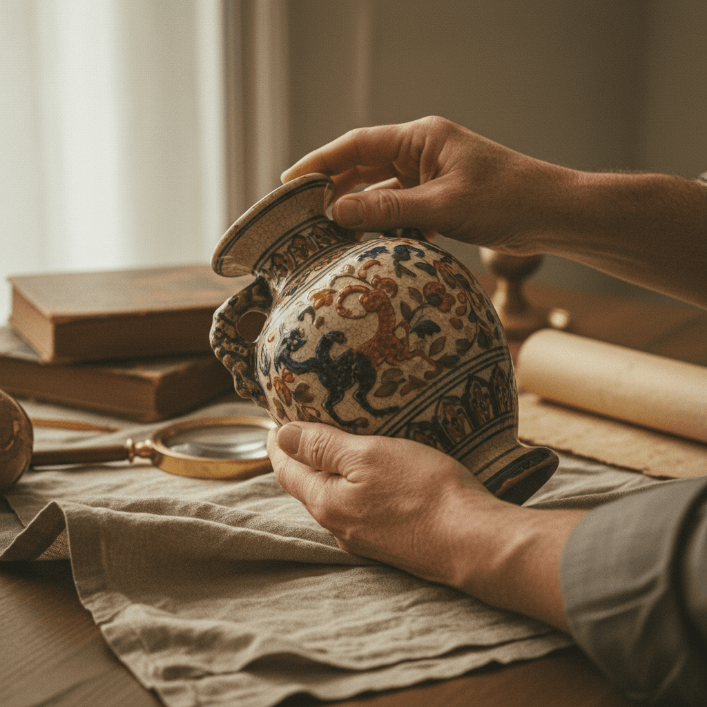 Hands examining a vintage ceramic bowl on a wooden table with textiles in background