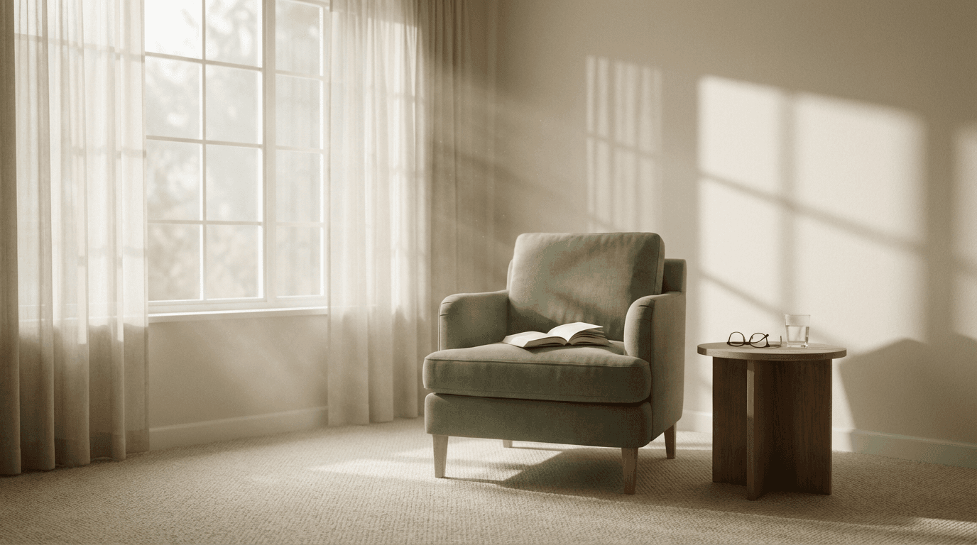 Empty mid-century armchair in soft afternoon light against a white wall