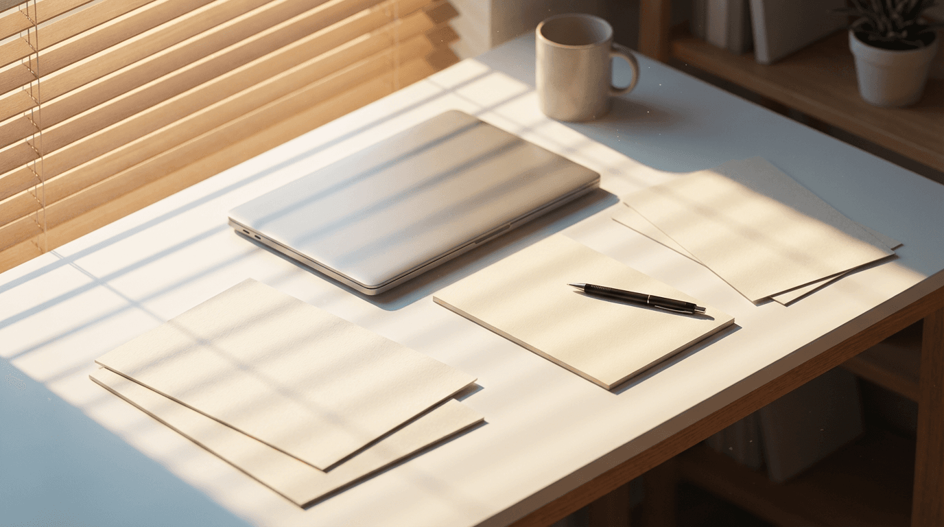 Worktable with brief notebook, linen fabric sample, and vintage design books