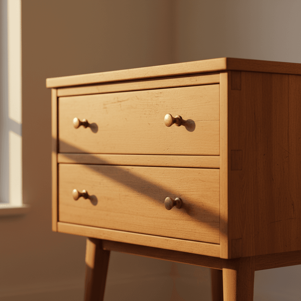 Close-up of a mid-century Danish teak sideboard corner with brass handle, highlighting wood grain and craftsmanship.