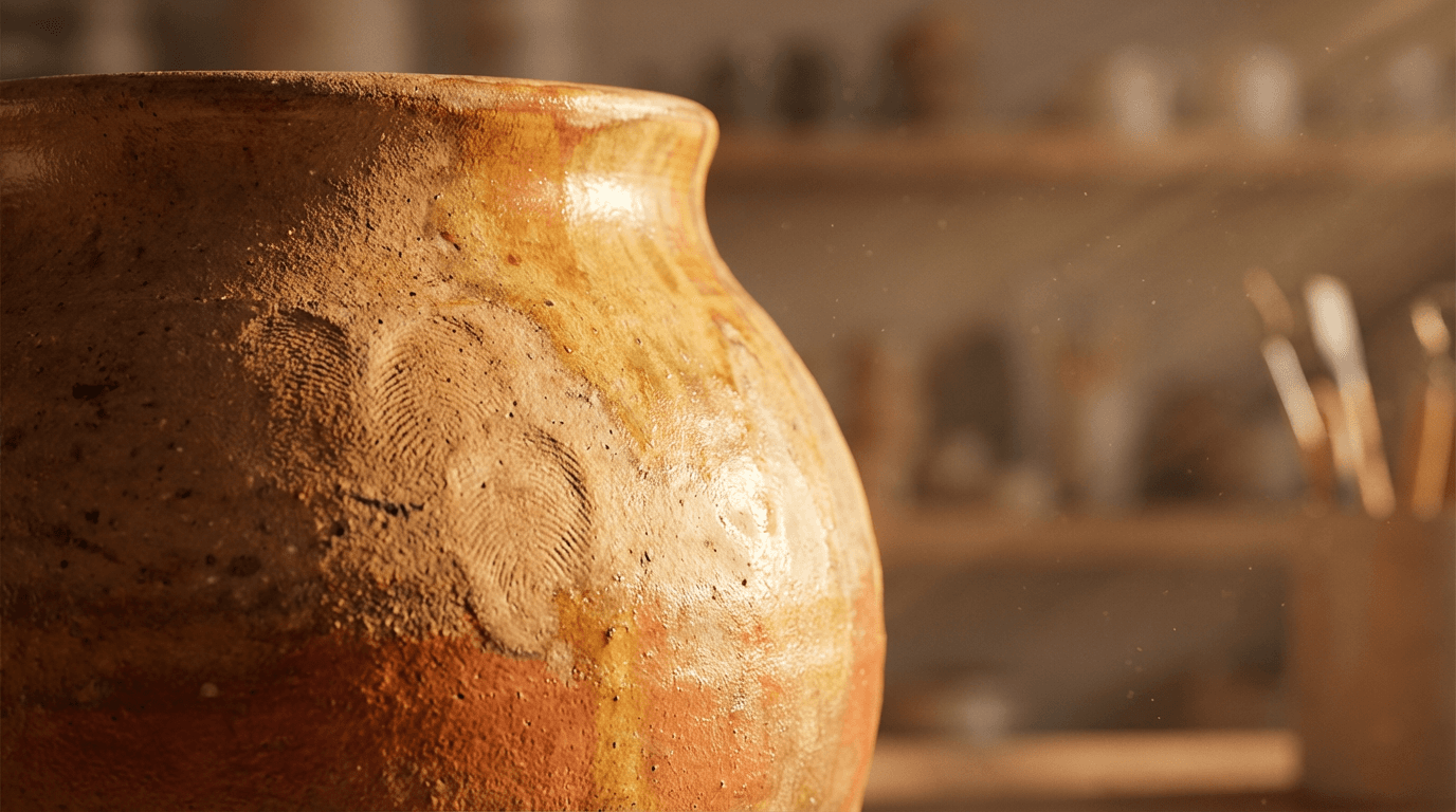 Vintage ceramic vase in earth tones on a wooden table beside a folded handwoven textile.